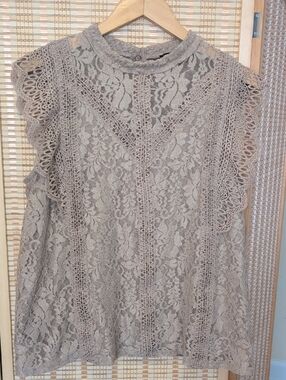 Cable & Gauge Taupe Lace Flutter Sleeve Blouse